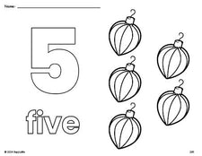 Free printable ornament Christmas coloring page and counting worksheet, number 5 coloring page for preschool, pre-k, and kindergarten