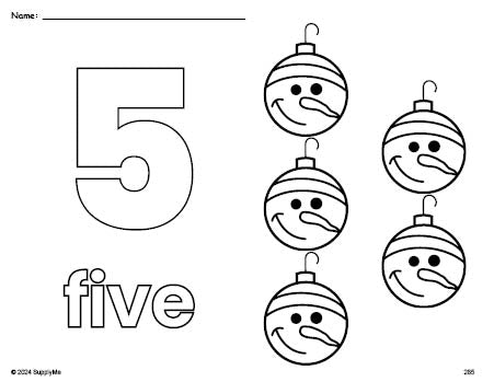 Free printable ornament Christmas coloring page and counting worksheet, number 5 coloring page for preschool, pre-k, and kindergarten