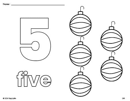 Free printable ornament Christmas coloring page and counting worksheet, number 5 coloring page for preschool, pre-k, and kindergarten