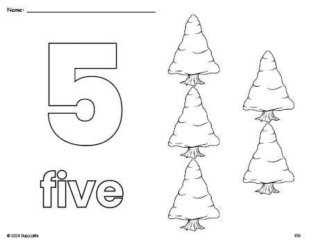 Free printable pine tree winter coloring page and counting worksheet, number 5 coloring page for preschool, pre-k, and kindergarten