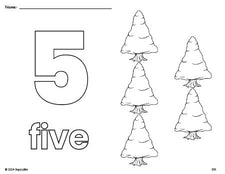 Free printable pine tree winter coloring page and counting worksheet, number 5 coloring page for preschool, pre-k, and kindergarten