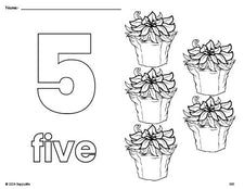 Free printable poinsettia Christmas coloring page and counting worksheet, number 5 coloring page for preschool, pre-k, and kindergarten