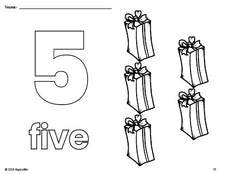 Free printable present Christmas coloring page and counting worksheet, number 5 coloring page for preschool, pre-k, and kindergarten