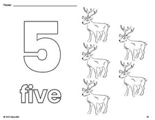 Free printable reindeer Christmas coloring page and counting worksheet, number 5 coloring page for preschool, pre-k, and kindergarten