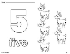 Free printable reindeer Christmas coloring page and counting worksheet, number 5 coloring page for preschool, pre-k, and kindergarten