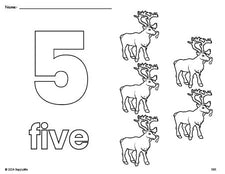 Free printable reindeer Christmas coloring page and counting worksheet, number 5 coloring page for preschool, pre-k, and kindergarten