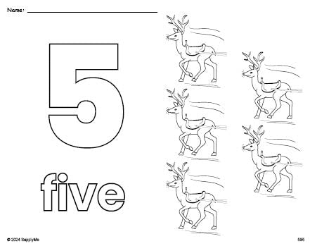 Free printable reindeer Christmas coloring page and counting worksheet, number 5 coloring page for preschool, pre-k, and kindergarten