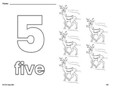 Free printable reindeer Christmas coloring page and counting worksheet, number 5 coloring page for preschool, pre-k, and kindergarten