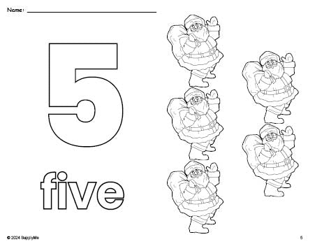 Free printable Santa Christmas coloring page and counting worksheet, number 5 coloring page for preschool, pre-k, and kindergarten