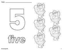 Free printable Santa Christmas coloring page and counting worksheet, number 5 coloring page for preschool, pre-k, and kindergarten