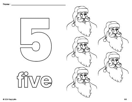 Free printable Santa Christmas coloring page and counting worksheet, number 5 coloring page for preschool, pre-k, and kindergarten