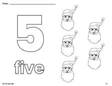 Free printable Santa Christmas coloring page and counting worksheet, number 5 coloring page for preschool, pre-k, and kindergarten