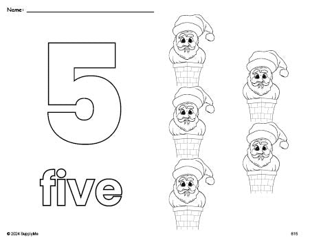 Free printable Santa Christmas coloring page and counting worksheet, number 5 coloring page for preschool, pre-k, and kindergarten