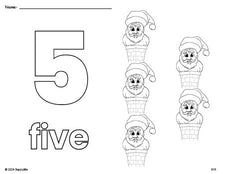 Free printable Santa Christmas coloring page and counting worksheet, number 5 coloring page for preschool, pre-k, and kindergarten