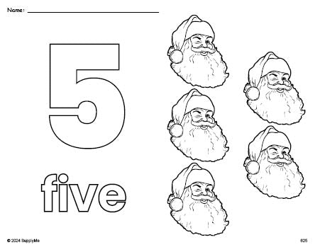 Free printable Santa Christmas coloring page and counting worksheet, number 5 coloring page for preschool, pre-k, and kindergarten