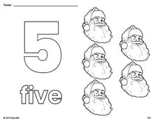 Free printable Santa Christmas coloring page and counting worksheet, number 5 coloring page for preschool, pre-k, and kindergarten