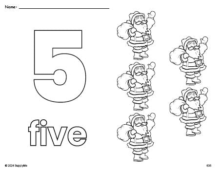 Free printable Santa Christmas coloring page and counting worksheet, number 5 coloring page for preschool, pre-k, and kindergarten