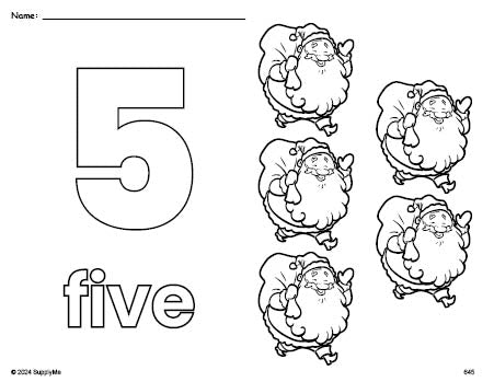 Free printable Santa Christmas coloring page and counting worksheet, number 5 coloring page for preschool, pre-k, and kindergarten