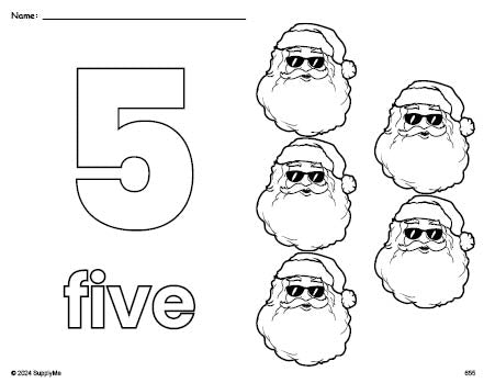 Free printable Santa Christmas coloring page and counting worksheet, number 5 coloring page for preschool, pre-k, and kindergarten