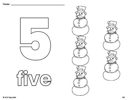 Free printable snowman winter coloring page and counting worksheet, number 5 coloring page for preschool, pre-k, and kindergarten