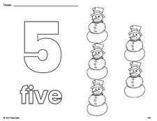 Free printable snowman winter coloring page and counting worksheet, number 5 coloring page for preschool, pre-k, and kindergarten