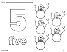 Free printable snowman winter coloring page and counting worksheet, number 5 coloring page for preschool, pre-k, and kindergarten