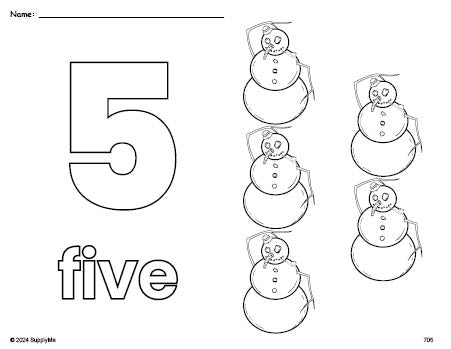 Free printable snowman winter coloring page and counting worksheet, number 5 coloring page for preschool, pre-k, and kindergarten