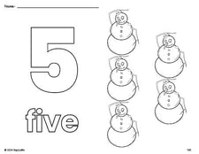 Free printable snowman winter coloring page and counting worksheet, number 5 coloring page for preschool, pre-k, and kindergarten