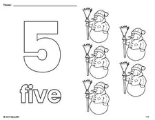 Free printable snowman winter coloring page and counting worksheet, number 5 coloring page for preschool, pre-k, and kindergarten