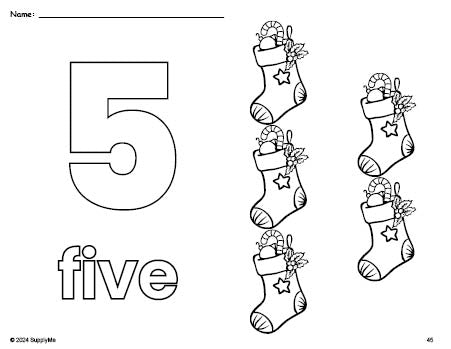 Free printable stocking Christmas coloring page and counting worksheet, number 5 coloring page for preschool, pre-k, and kindergarten