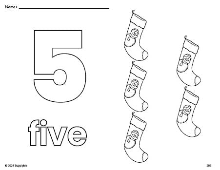 Free printable stocking Christmas coloring page and counting worksheet, number 5 coloring page for preschool, pre-k, and kindergarten