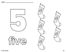 Free printable stocking Christmas coloring page and counting worksheet, number 5 coloring page for preschool, pre-k, and kindergarten