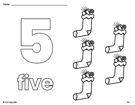 Free printable stocking Christmas coloring page and counting worksheet, number 5 coloring page for preschool, pre-k, and kindergarten