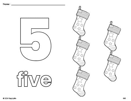 Free printable stocking Christmas coloring page and counting worksheet, number 5 coloring page for preschool, pre-k, and kindergarten