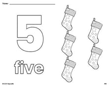 Free printable stocking Christmas coloring page and counting worksheet, number 5 coloring page for preschool, pre-k, and kindergarten