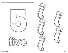 Free printable stocking Christmas coloring page and counting worksheet, number 5 coloring page for preschool, pre-k, and kindergarten