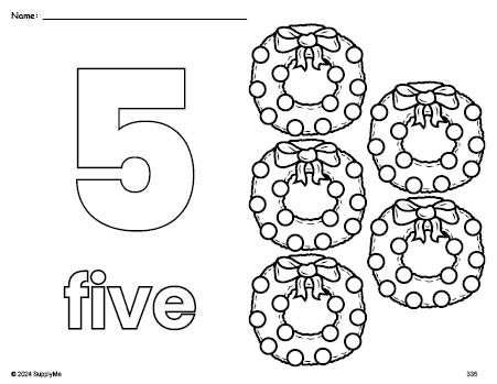 Free printable wreath Christmas coloring page and counting worksheet, number 5 coloring page for preschool, pre-k, and kindergarten