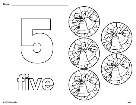 Free printable wreath Christmas coloring page and counting worksheet, number 5 coloring page for preschool, pre-k, and kindergarten