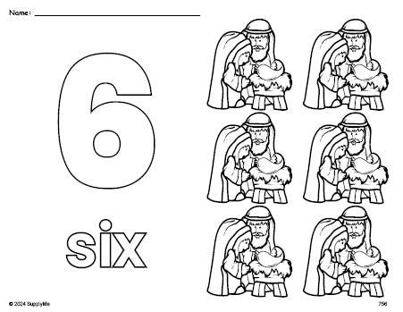 Free printable Baby Jesus Christmas coloring page and counting worksheet, number 6 coloring page for preschool, pre-k, and kindergarten