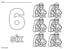 Free printable Baby Jesus Christmas coloring page and counting worksheet, number 6 coloring page for preschool, pre-k, and kindergarten