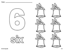 Free printable bell Christmas coloring page and counting worksheet, number 6 coloring page for preschool, pre-k, and kindergarten