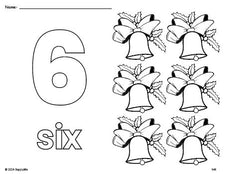 Free printable bell Christmas coloring page and counting worksheet, number 6 coloring page for preschool, pre-k, and kindergarten