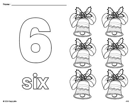 Free printable bell Christmas coloring page and counting worksheet, number 6 coloring page for preschool, pre-k, and kindergarten