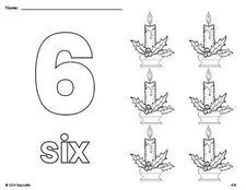 Free printable candle Christmas coloring page and counting worksheet, number 6 coloring page for preschool, pre-k, and kindergarten