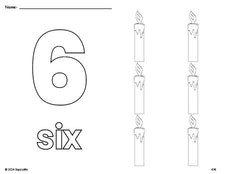 Free printable candle Christmas coloring page and counting worksheet, number 6 coloring page for preschool, pre-k, and kindergarten