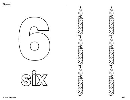 Free printable candle Christmas coloring page and counting worksheet, number 6 coloring page for preschool, pre-k, and kindergarten