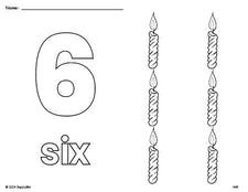 Free printable candle Christmas coloring page and counting worksheet, number 6 coloring page for preschool, pre-k, and kindergarten