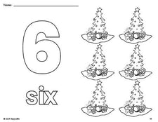 Free printable Christmas tree Christmas coloring page and counting worksheet, number 6 coloring page for preschool, pre-k, and kindergarten