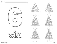 Free printable Christmas tree Christmas coloring page and counting worksheet, number 6 coloring page for preschool, pre-k, and kindergarten