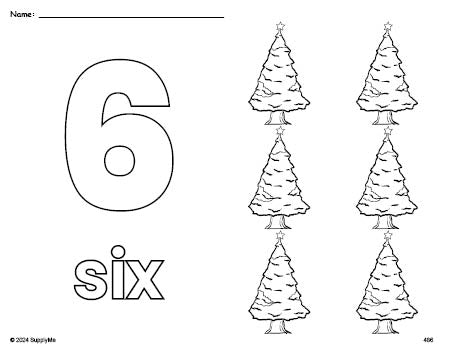 Free printable Christmas tree Christmas coloring page and counting worksheet, number 6 coloring page for preschool, pre-k, and kindergarten